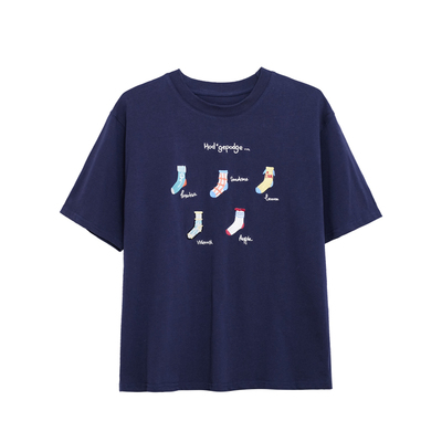 荒荒家 小袜子刺绣短袖2025夏季新款小众设计ins风百搭宽松T恤女