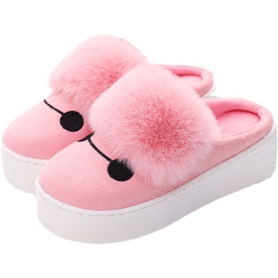棉拖鞋女冬季包跟厚底防滑冬天女士高跟坡跟居家用室内保暖毛毛鞋