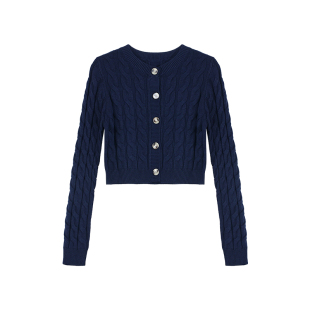 MULVAN 智性学究感 圆领麻花针织开衫外套女短款柔软长袖毛衣上衣