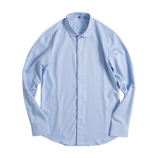 脊椎动物男装竹纤维抗皱透气顺滑长袖衬衫暗门襟小领白色蓝色衬衣