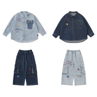 幼悠男童牛仔套装2026春季新款儿童涂鸦印花衬衫宽松直筒休闲裤子