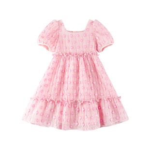 【甜心草莓派】女童泡泡袖粉色连衣裙洋气时髦女孩子甜美可爱裙子
