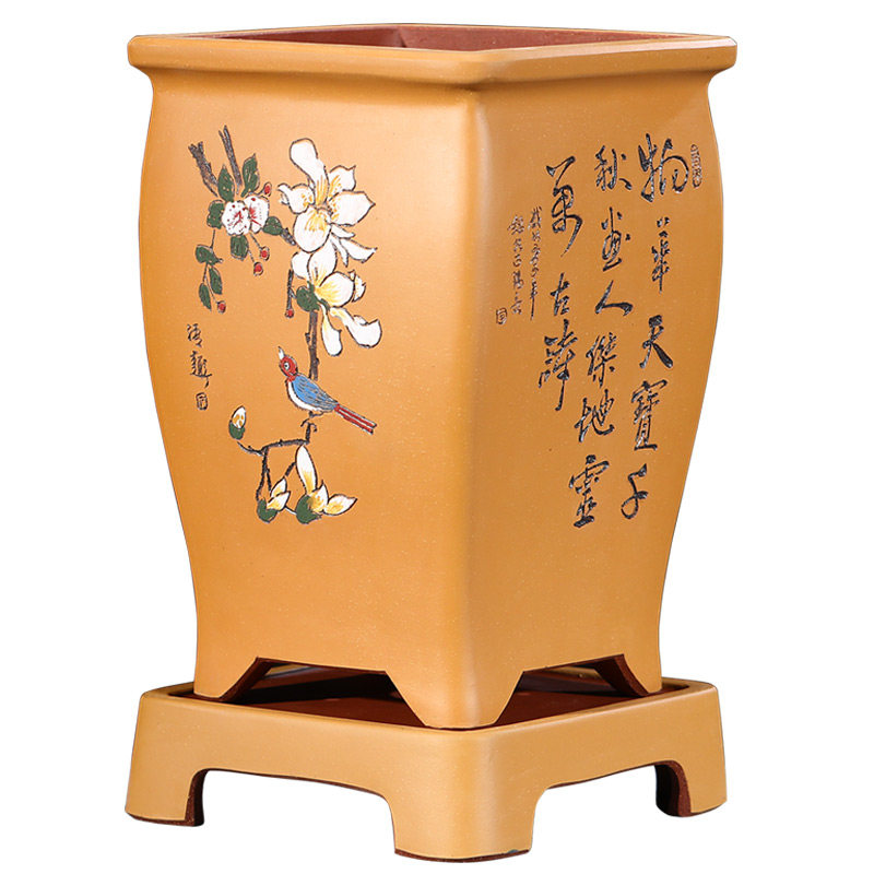 大口径四方高花盆紫砂艺术彩绘
