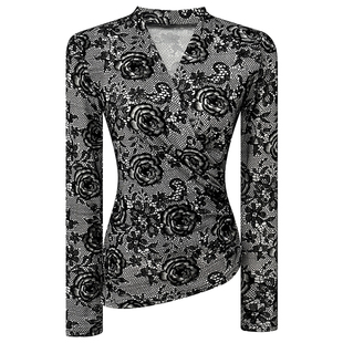 玫瑰网纱植绒上衣女春季新款高级感修身显瘦V领长袖内搭T恤打底衫