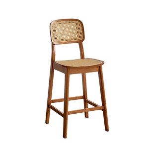 北欧实木吧台椅家用岛台椅子侘寂风椅子藤编吧椅酒吧椅靠背高脚凳