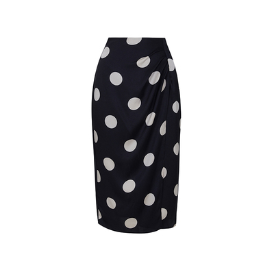 大波点缎面开叉高腰一步裙半身裙