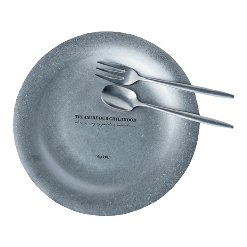 FJ复古哑光商用不锈钢餐具蛋糕沙拉烤肉餐托盘圆方形餐盘碟可定制