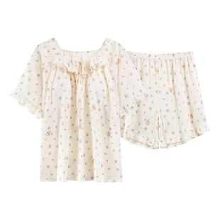 纯棉睡衣女款夏季带胸垫云朵棉短袖短裤甜美可爱花边公主风家居服