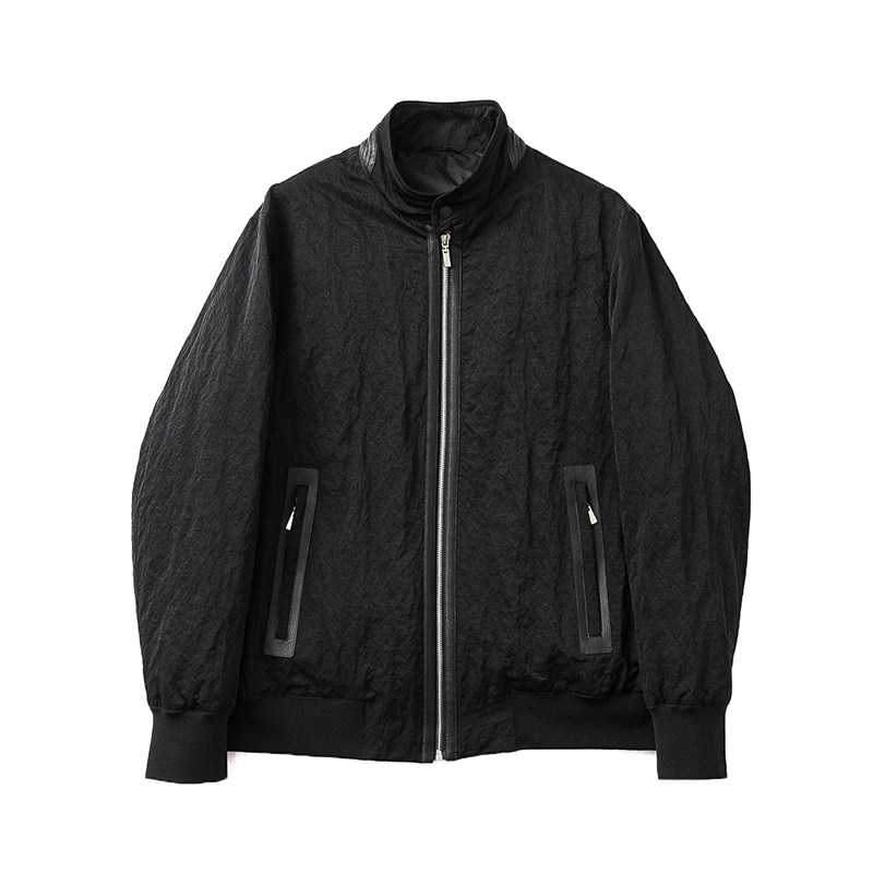 冬季简约皮革拼接立领修身羽绒服