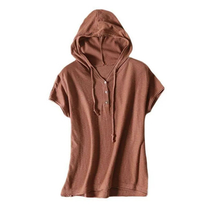 竹节纱短袖V领针织衫t恤女春夏季新款大码宽松外穿打底衫连帽上衣