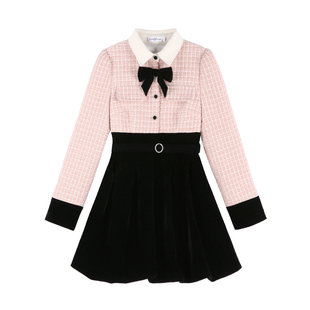 小香风粉色花苞裙秋冬甜美蝴蝶结连衣裙富家千金小众高级感裙子女