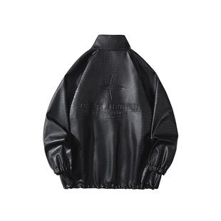 钢印字母PU皮衣夹克男加肥加大码潮流胖子宽松嘻哈街头春季装外套