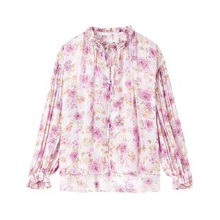 MISSCOCOON可可尼长袖粉色上衣女2025秋季新款法式印花雪纺衬衫