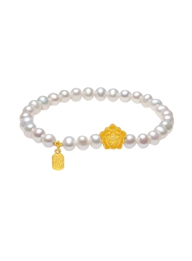 周六福淡水珍珠中国风手串手链S925银莲花手饰复古送女友圣诞礼物