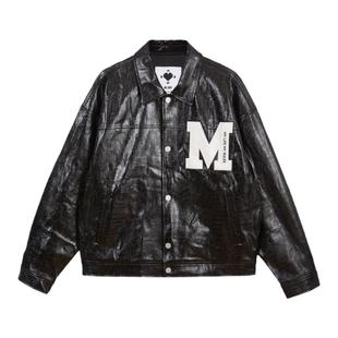MLMR秋季新款宽松仿鳄鱼纹PU潮女款长袖外套女士短外套皮衣夹克男