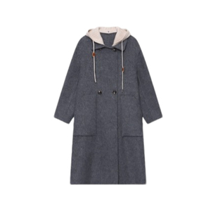 绿袖子挪威森林可拆卸连帽羊毛双面呢大衣女冬季厚实保暖外套垂顺