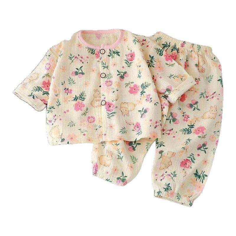 儿童薄款双层纯棉纱布睡衣夏季女童棉纱家居服男宝长袖空调服套装