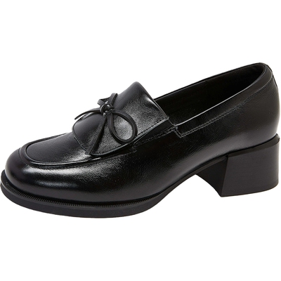 康莉牛皮粗跟乐福鞋2026年春季新款通勤蝴蝶结圆头真皮棕色小皮鞋