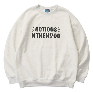 ACTIONS潮牌美式复古加绒圆领卫衣印花基础保暖套头长袖T恤上衣男