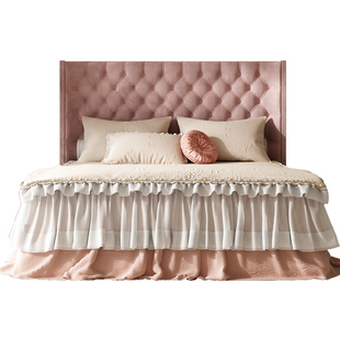 奶油风卧室伊丽拉扣布艺床宫廷风公主床粉色美少女卧室环抱式大床