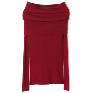 ROCO 新年战衣 绝美羊毛一字肩露肩针织衫女长袖红色高级感毛衣