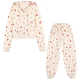 落落狷介运动装套装女连帽开衫卫衣套装印花设计感两件套系带卫裤