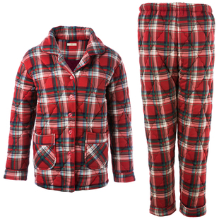 睡衣女秋冬季加厚纯棉夹棉格子大码红色本命年三层保暖家居服套装
