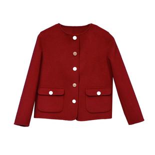 冬装高端新款双面羊毛短款大衣红色毛呢小个子女外套圆领上衣