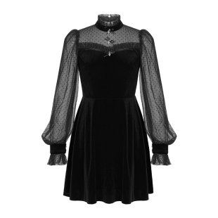 微透波点女神范气质长袖连衣裙收腰显瘦赫本风复古减龄丝绒小黑裙