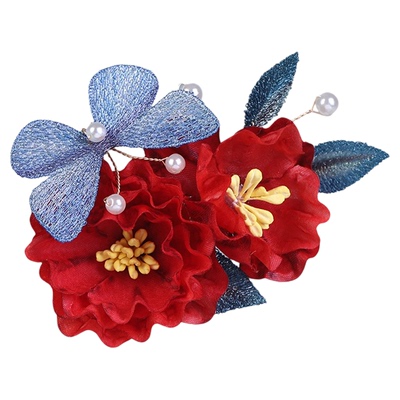 红色山茶花低丸子头发饰