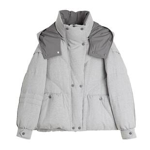ELLE90白鸭绒灰色短款连帽羽绒服女2025冬季新款休闲拼接保暖外套