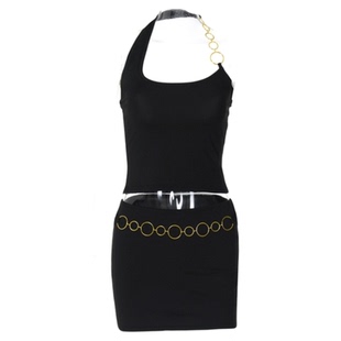 gusty欧美ins时尚辣妹套装圆环设计感挂脖吊带背心高腰包臀短裙子