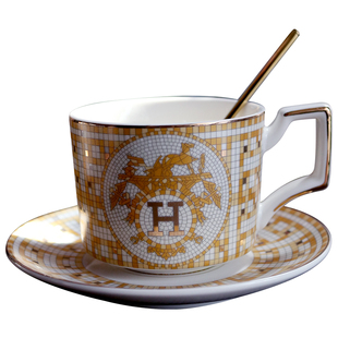 欧式金色马赛克咖啡杯碟套装奢华家用陶瓷杯碟勺带杯架轻奢复古风