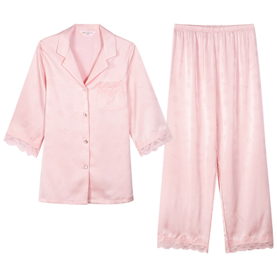 好波春夏新品中袖九分裤家居服套装时尚提花冰雪丝睡衣女HJF2453