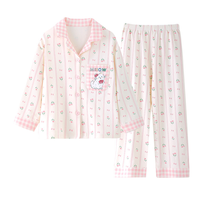 女童春夏长袖纯棉猫咪洋气家居服