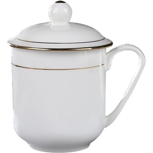 景德镇陶瓷杯子商务办公会议杯迎宾杯带盖开会杯骨瓷描金茶杯水杯