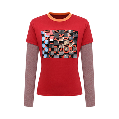 马赛克印花拼贴长袖T恤假两件