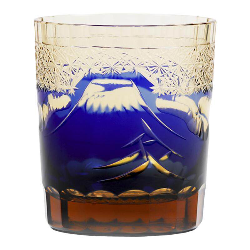 金致日本手工雕刻套色威士忌水晶玻璃酒杯日式江户切子杯富士山款