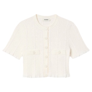 季末6折SANDRO2025秋冬新款女装白色提花不规则花边短款针织开衫