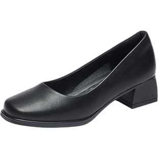 粗跟4cm方头女皮鞋软底单鞋中跟黑色工作鞋公务员面试高跟鞋静音