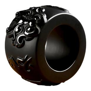 天然和田玉墨玉兽头扳指男士瑞兽戒指黑玉六字真言指环手把玩件