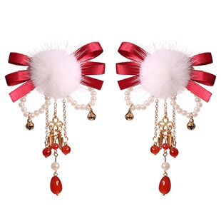 汉服发饰儿童红色过年新年头饰古风毛球发夹古装宝宝拜年服配饰品