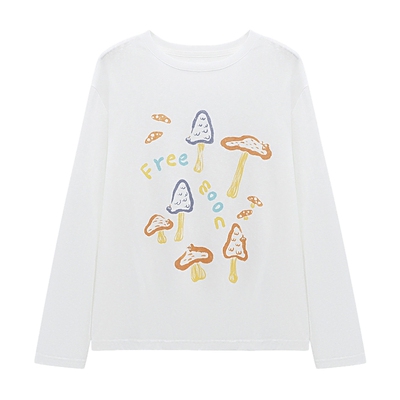 Basic House/百家好童趣蘑菇印花T恤女秋冬宽松白色长袖森系上衣