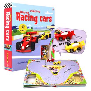 现货 发条小赛车 Wind-up Racing Cars 轨道书真实轮子可跑 进口英文原版绘本儿童游戏玩具纸板书 附玩具 大开Usborne上紧发条可跑