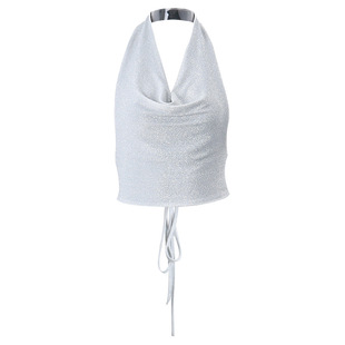 【Peach heart】闪闪银丝荡领露背挂脖吊带背心系带修身上衣女Y2K