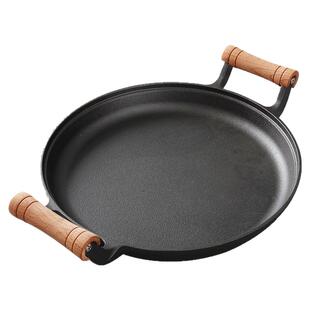 日本木柄平底煎锅烙饼锅家用平底锅铸铁煎饼锅鏊子摊煎饼果子工具