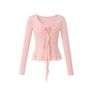 3509舞蹈服女现代黑色网纱长袖修身成人花朵形体练功跳舞演出上衣