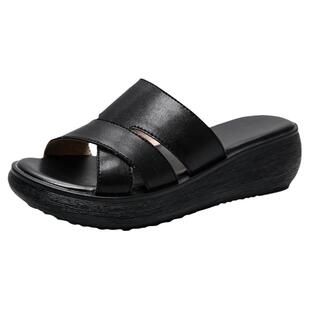 厚底真皮拖鞋女外穿2026夏季新款休闲平底中跟中年妈妈鞋一字拖女