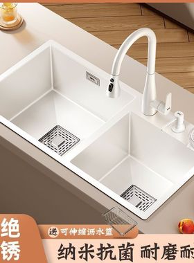 白色厨房水槽双槽洗菜盆304不锈钢加厚洗碗水池大尺寸手工台下盆