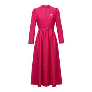 【明星同款】珂莱蒂尔冬气质玫瑰系羊毛呢浪漫优雅修身长款连衣裙